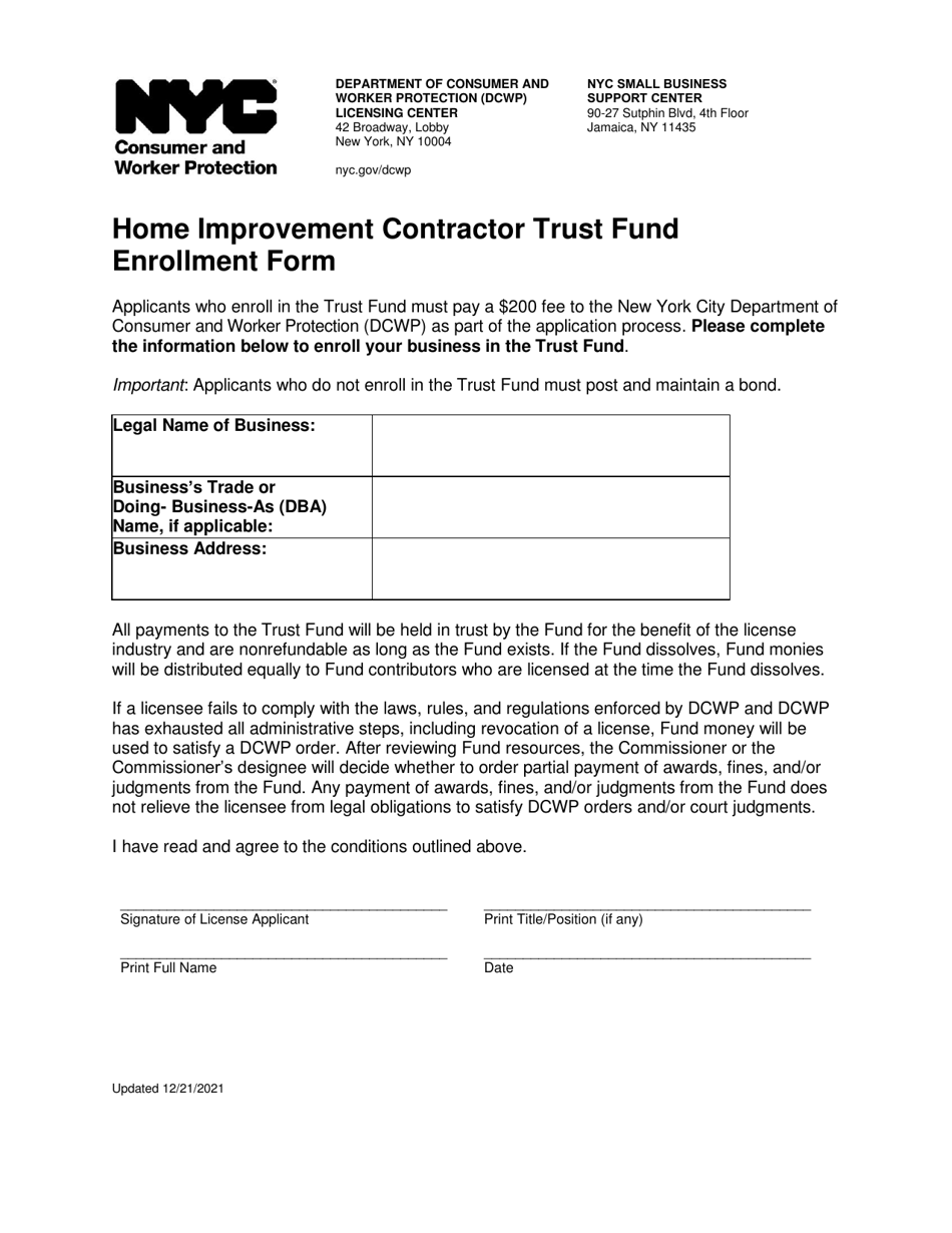 Home Improvement Contractor Trust Fund Enrollment Form - New York City, Page 1