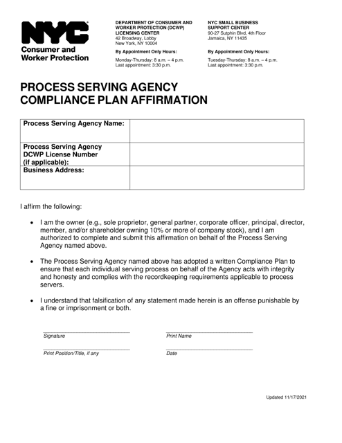 Process Serving Agency Compliance Plan Affirmation - New York City Download Pdf