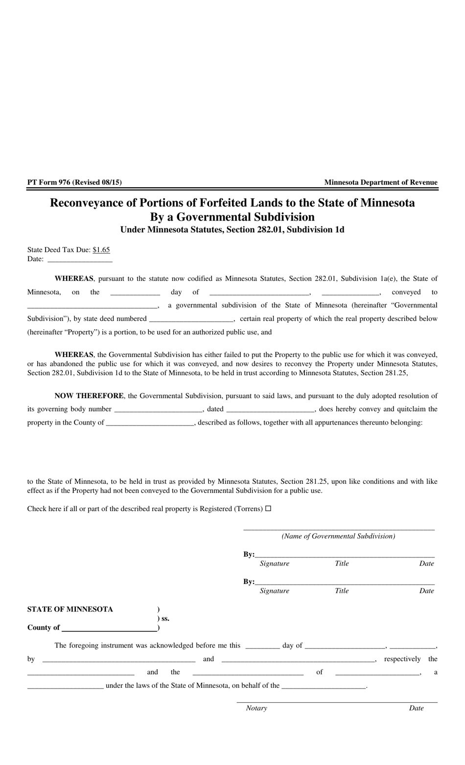 PT Form 976 Reconveyance of Portions of Forfeited Lands to the State of Minnesota by a Governmental Subdivision - Minnesota, Page 1