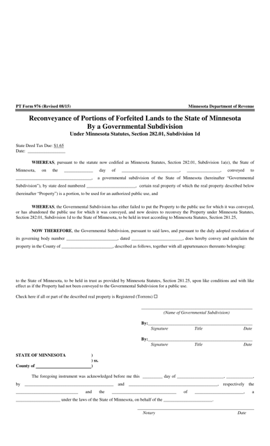 PT Form 976 Reconveyance of Portions of Forfeited Lands to the State of Minnesota by a Governmental Subdivision - Minnesota