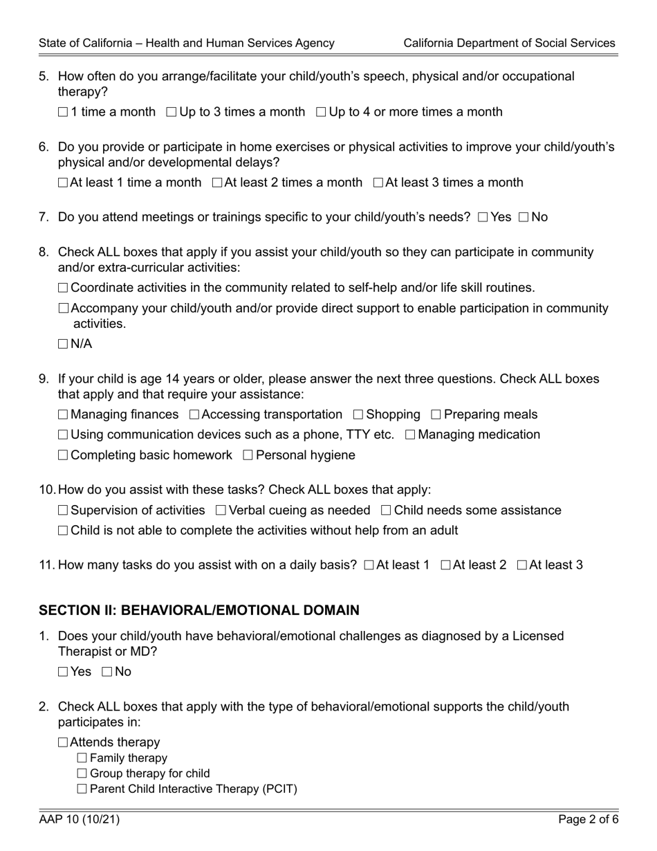 Form AAP10 Prospective or Adoptive Parent(S) Level of Care (Loc) Reporting Tool - California, Page 2