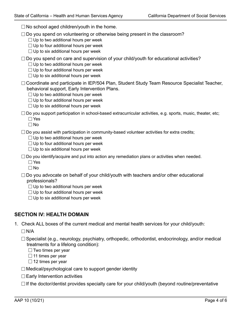 Form AAP10 Prospective or Adoptive Parent(S) Level of Care (Loc) Reporting Tool - California, Page 4