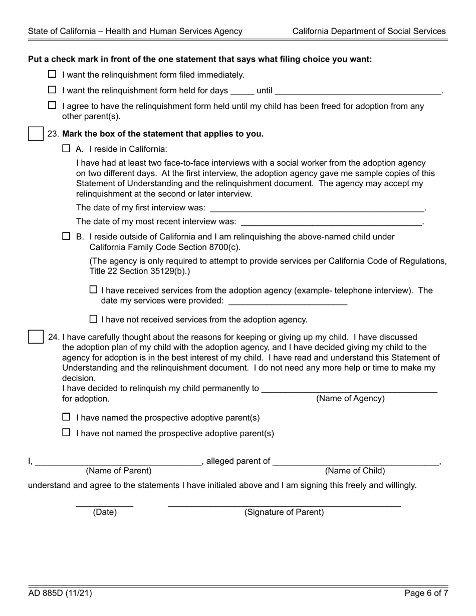 Form AD885D Statement of Understanding Agency Adoptions Program - California, Page 6