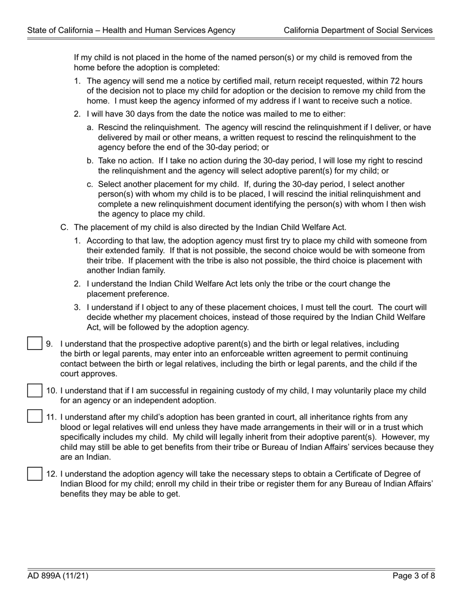 Form AD899A Statement of Understanding - Parent or Presumed Parent of an Indian Child Who Is Detained, a Juvenile Court Dependent in out-Of-Home Care, or the Ward of a Legal Guardian - California, Page 3