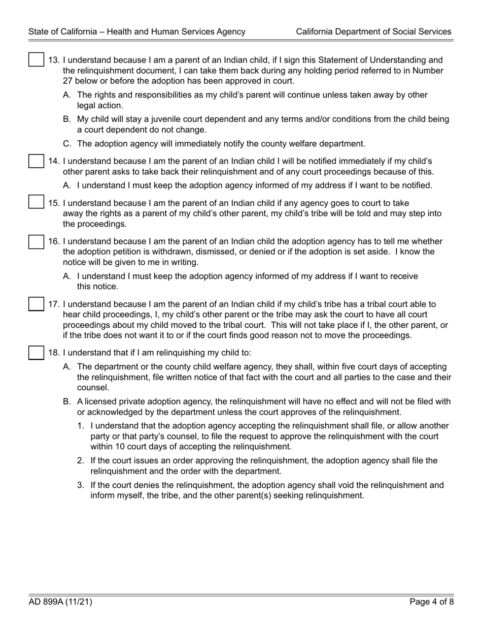 Form AD899A Statement of Understanding - Parent or Presumed Parent of an Indian Child Who Is Detained, a Juvenile Court Dependent in out-Of-Home Care, or the Ward of a Legal Guardian - California, Page 4