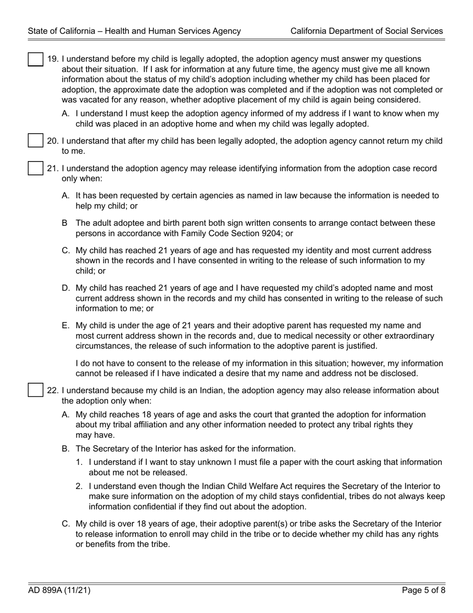 Form AD899A Statement of Understanding - Parent or Presumed Parent of an Indian Child Who Is Detained, a Juvenile Court Dependent in out-Of-Home Care, or the Ward of a Legal Guardian - California, Page 5