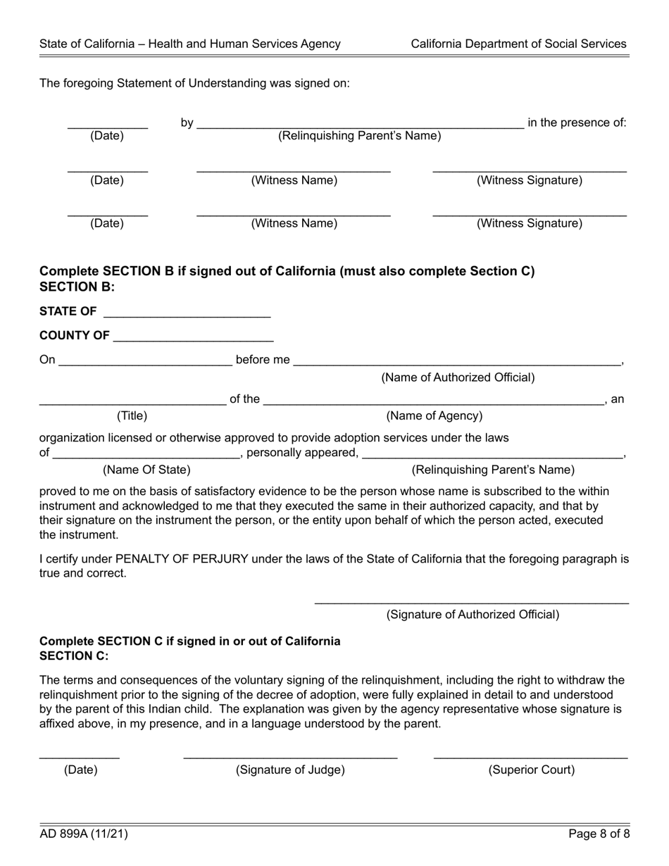 Form AD899A Statement of Understanding - Parent or Presumed Parent of an Indian Child Who Is Detained, a Juvenile Court Dependent in out-Of-Home Care, or the Ward of a Legal Guardian - California, Page 8
