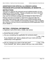 Document preview: Form ADSA1AL Application for Renewal of Benefits - Assistance Dog Special Allowance (Adsa) Program - Large Print - California