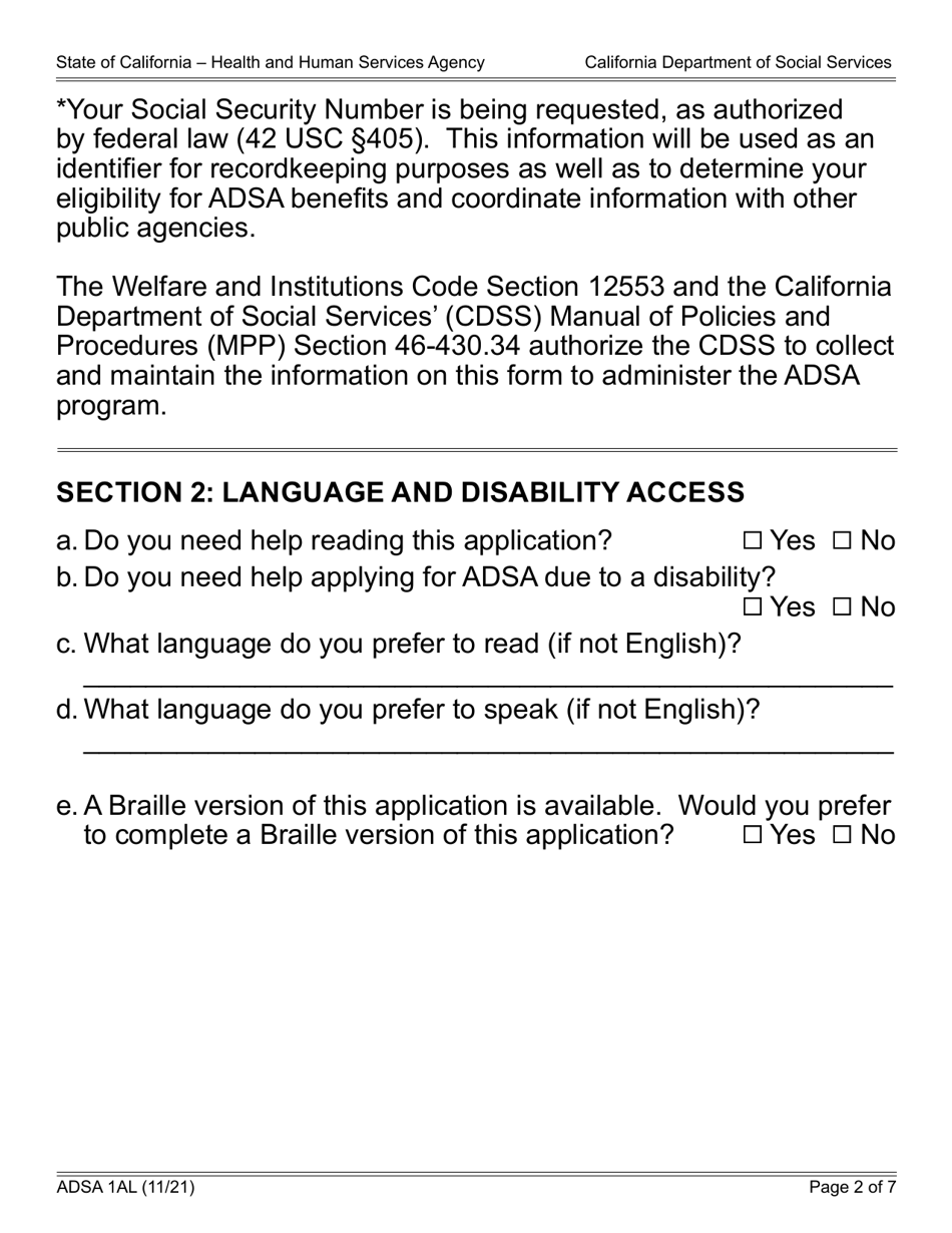 Form ADSA1AL Application for Renewal of Benefits - Assistance Dog Special Allowance (Adsa) Program - Large Print - California, Page 2
