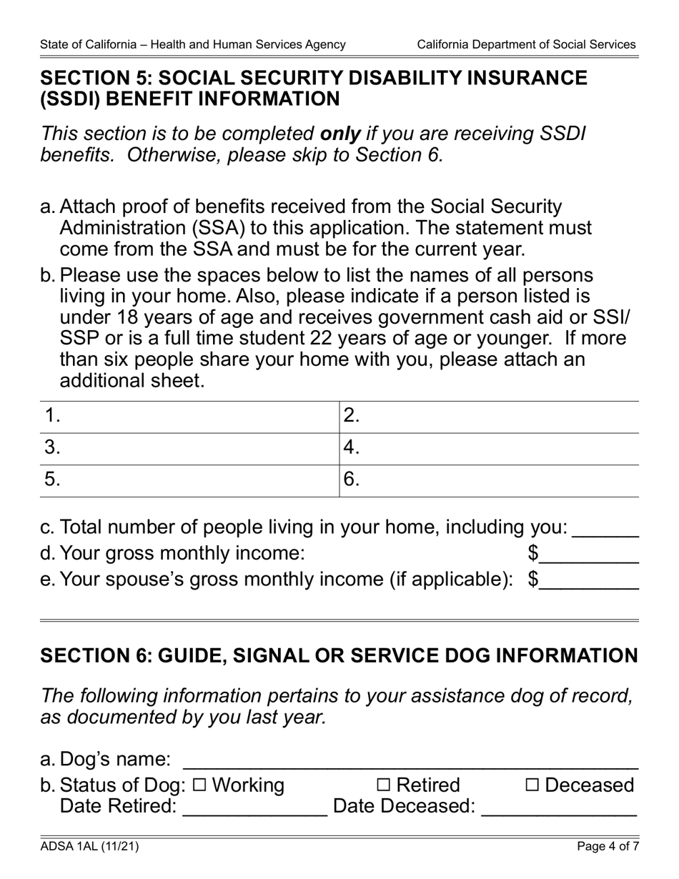 Form ADSA1AL Application for Renewal of Benefits - Assistance Dog Special Allowance (Adsa) Program - Large Print - California, Page 4