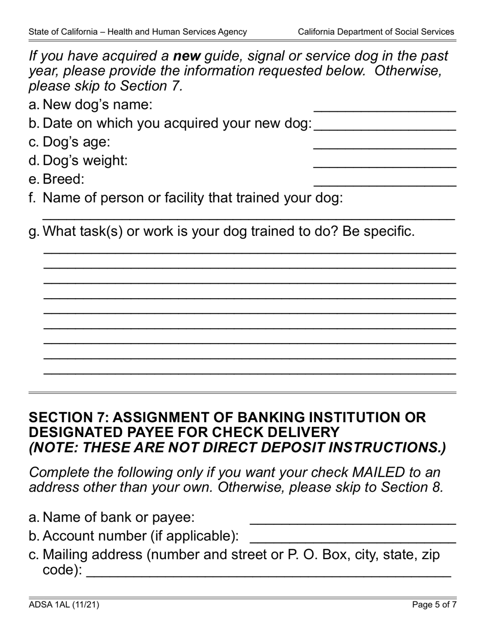 Form ADSA1AL Application for Renewal of Benefits - Assistance Dog Special Allowance (Adsa) Program - Large Print - California, Page 5