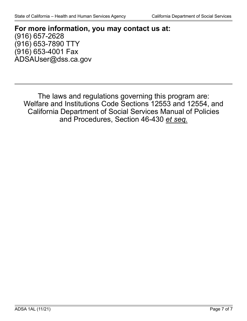 Form ADSA1AL Application for Renewal of Benefits - Assistance Dog Special Allowance (Adsa) Program - Large Print - California, Page 7