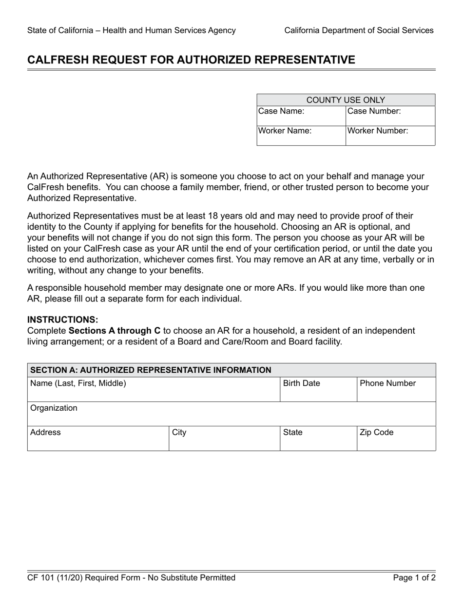 Form CF101 CalFresh Request for Authorized Representative - California, Page 1