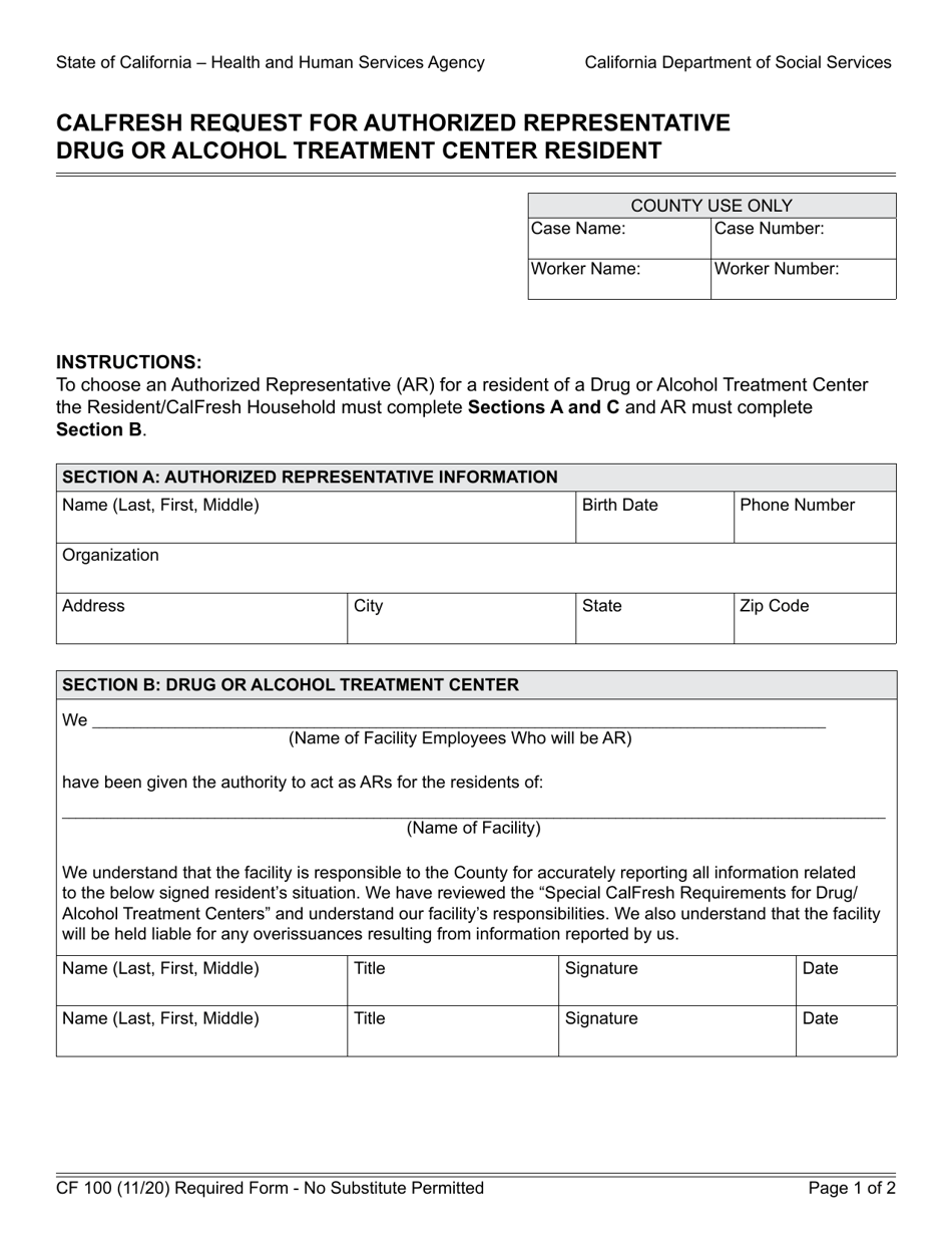 Form CF100 CalFresh Request for Authorized Representative Drug or Alcohol Treatment Center Resident - California, Page 1