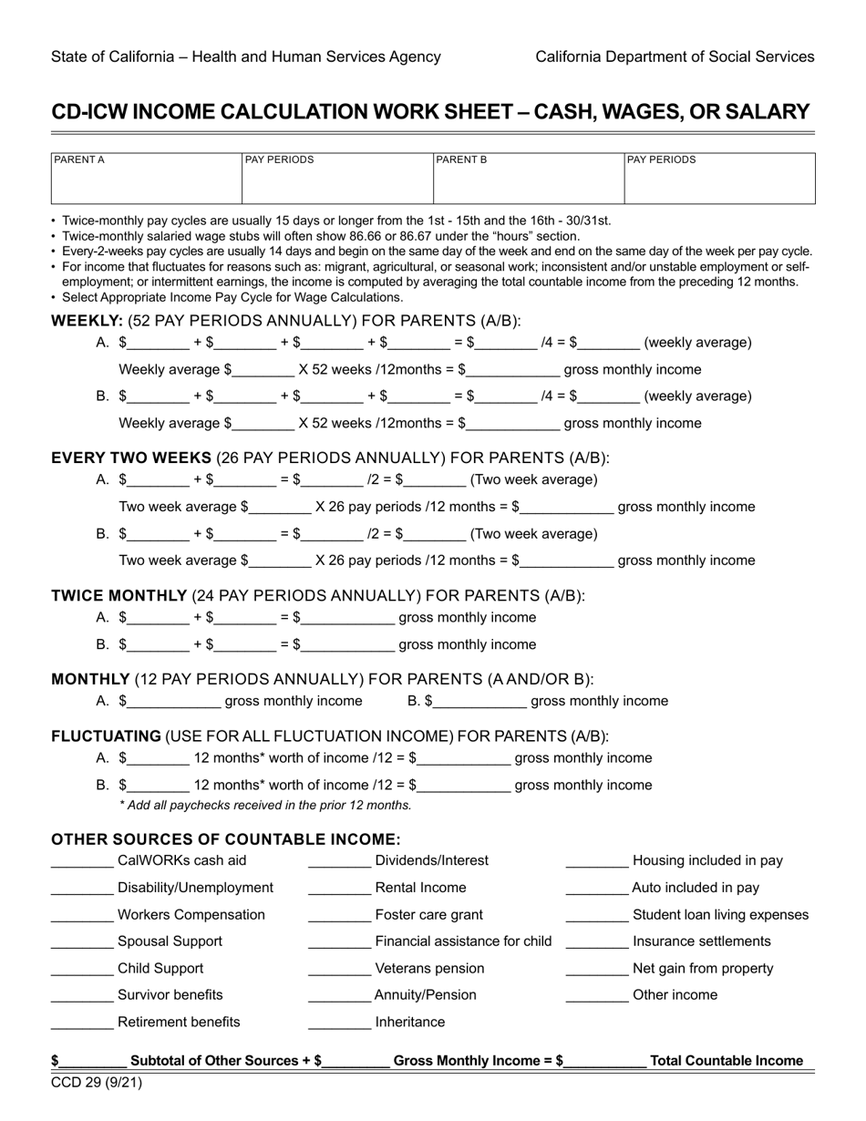 Form CCD29 Cd-Icw Income Calculation Work Sheet - Cash, Wages, or Salary - California, Page 1