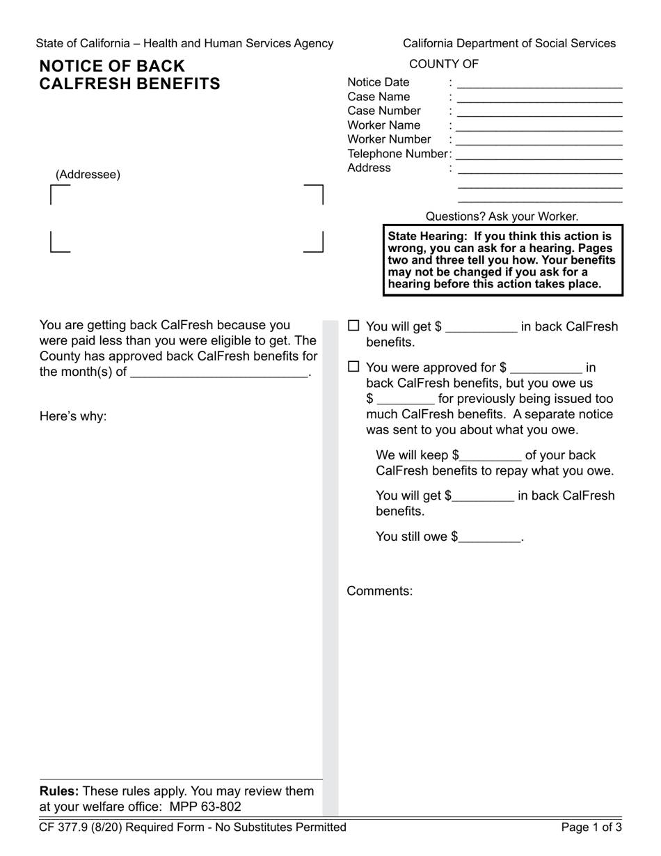 Form CF377.9 Notice of Back CalFresh Benefits - California, Page 1