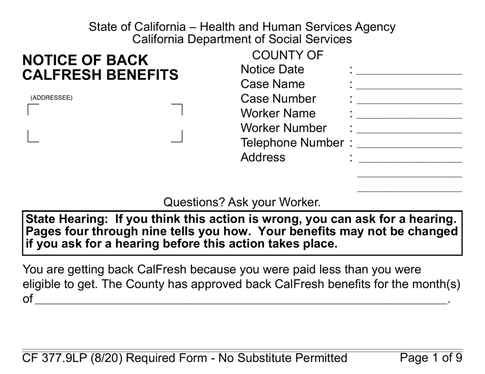 Form CF377.9LP Notice of Back CalFresh Benefits (Large Print) - California, Page 1
