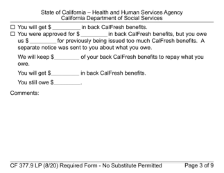 Form CF377.9LP Notice of Back CalFresh Benefits (Large Print) - California, Page 3