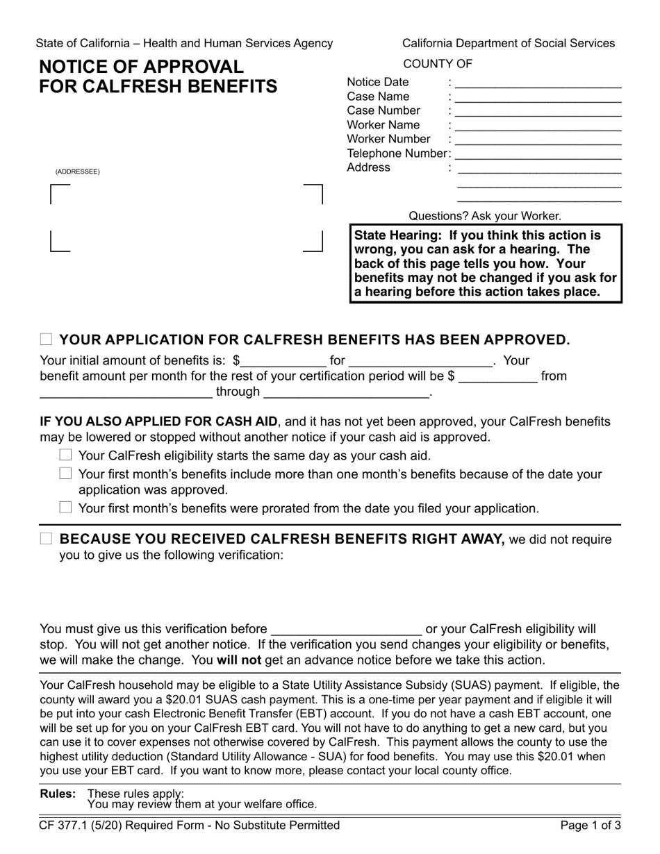 Form Cf3771 Download Fillable Pdf Or Fill Online Notice Of Approval For Calfresh Benefits 1700