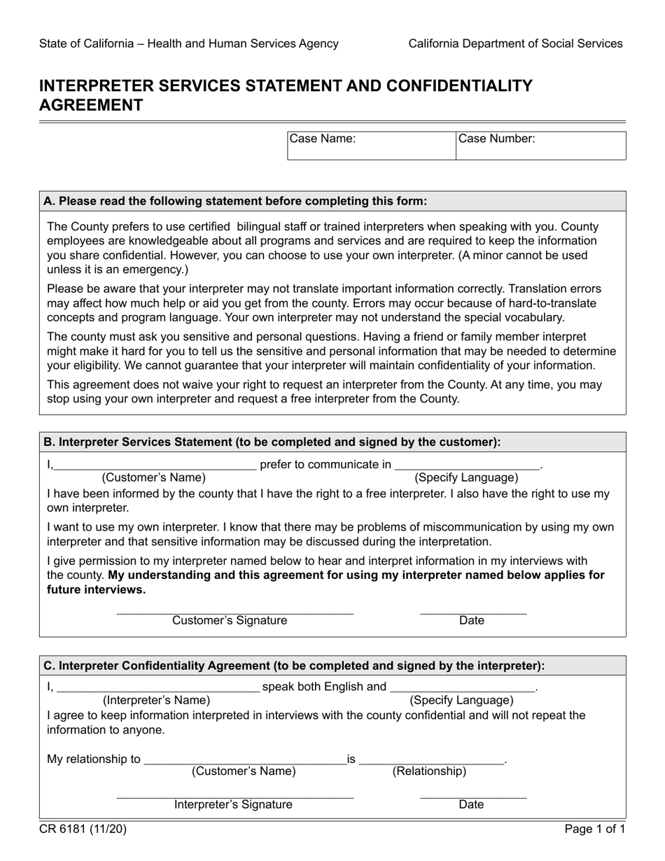 Form CR6181 Interpreter Services Statement and Confidentiality Agreement - California, Page 1