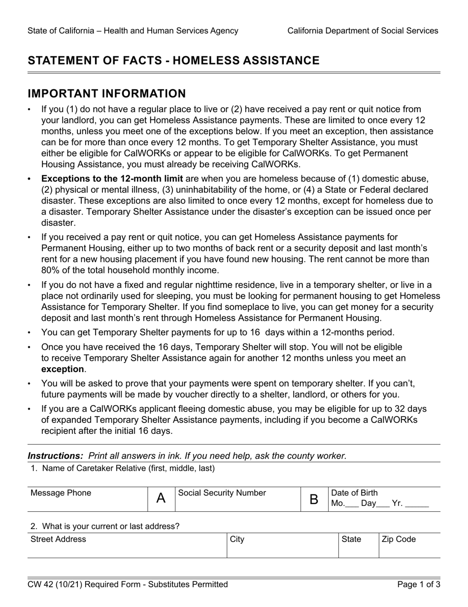 Form CW42 Statement of Facts - Homeless Assistance - California, Page 1