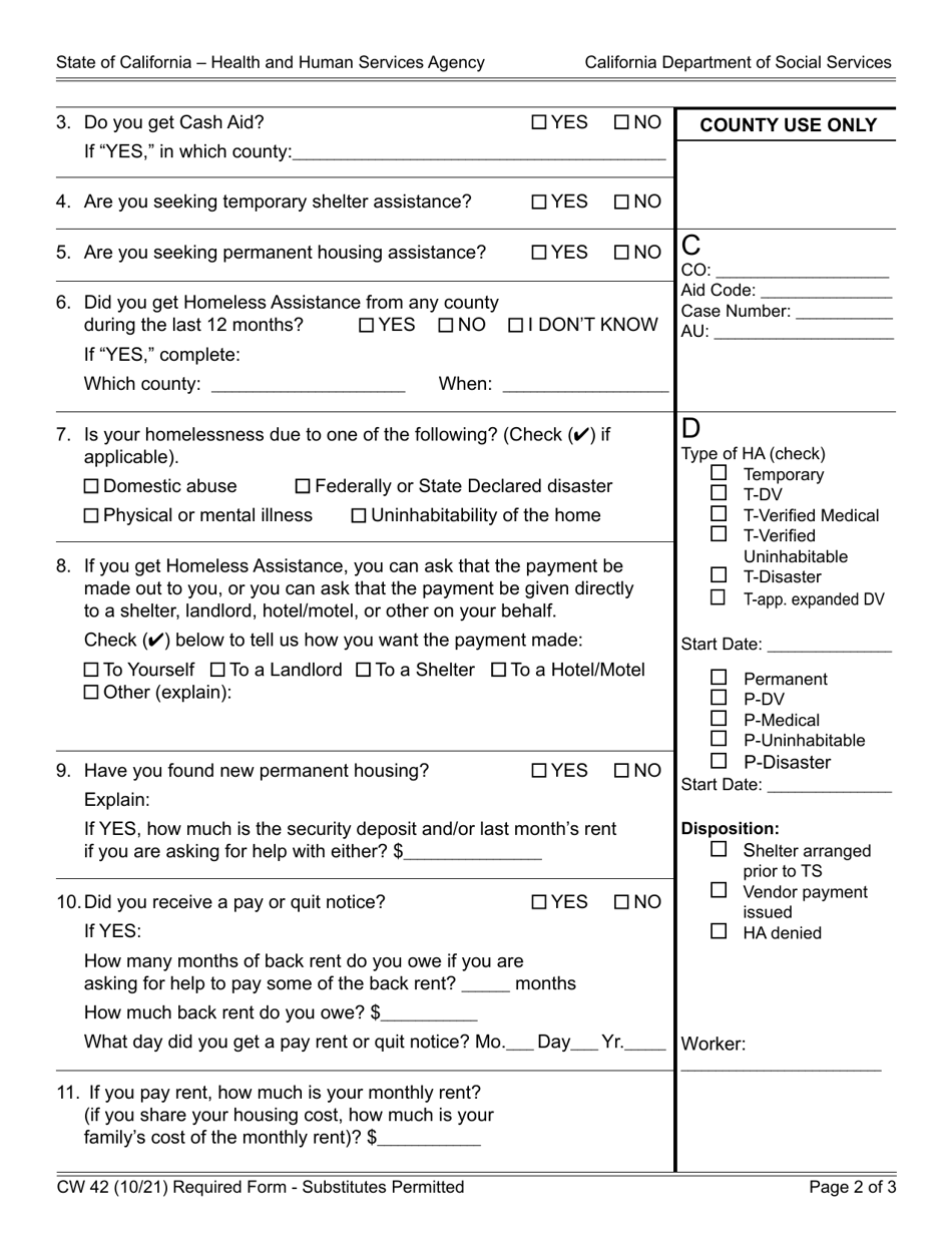 Form CW42 Statement of Facts - Homeless Assistance - California, Page 2