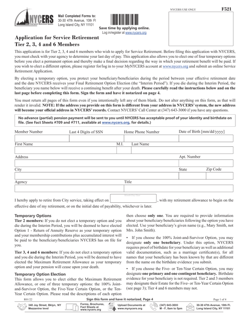 Document preview: Form F521 Application for Service Retirement Tier 2, 3, 4 and 6 Members - New York City
