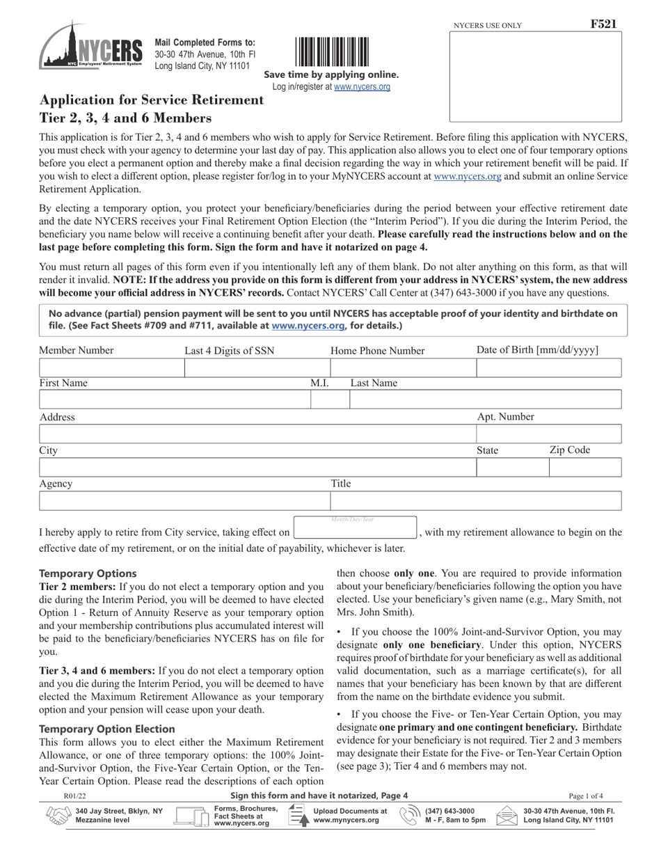 Form F521 Application for Service Retirement Tier 2, 3, 4 and 6 Members - New York City, Page 1