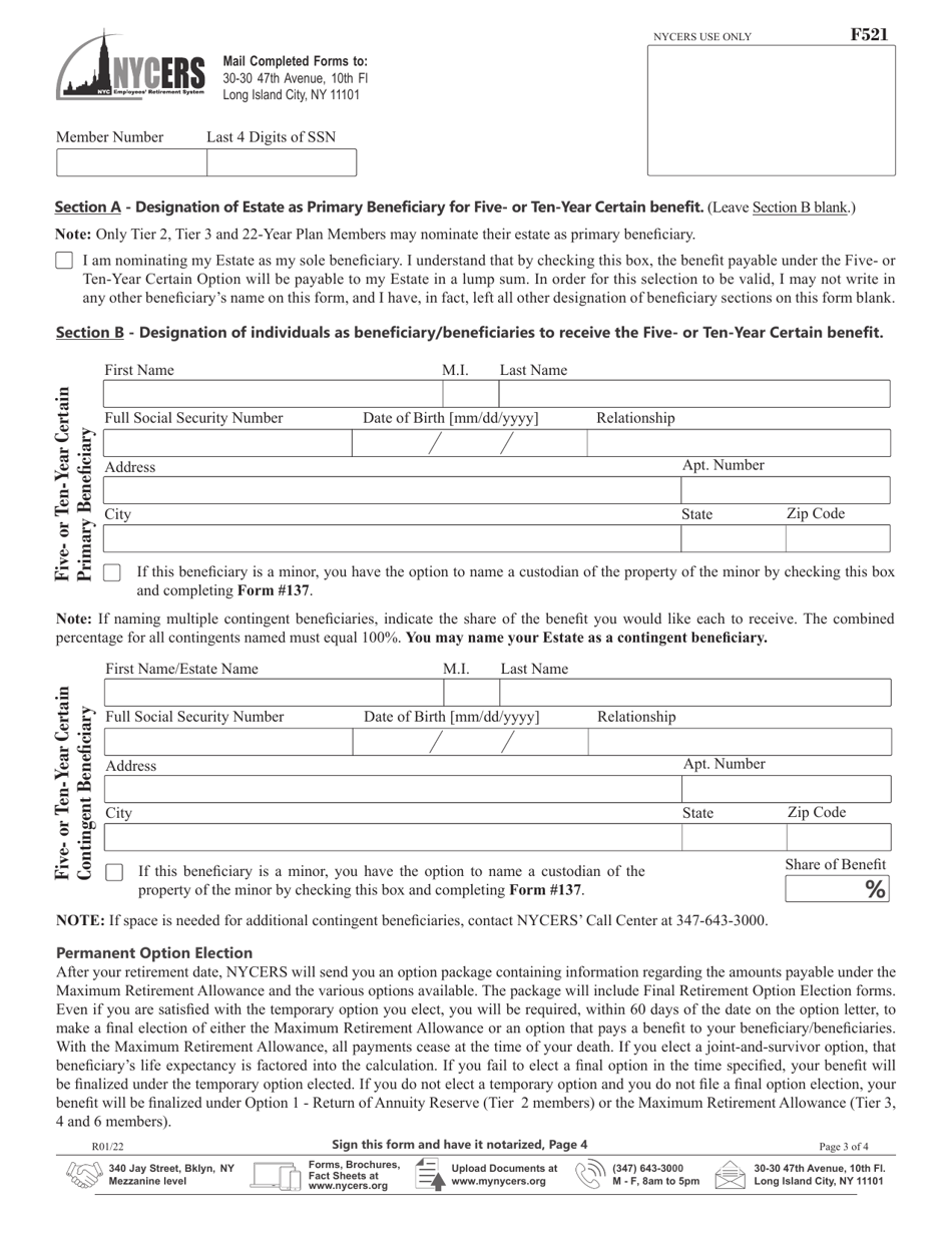 Form F521 Application for Service Retirement Tier 2, 3, 4 and 6 Members - New York City, Page 3
