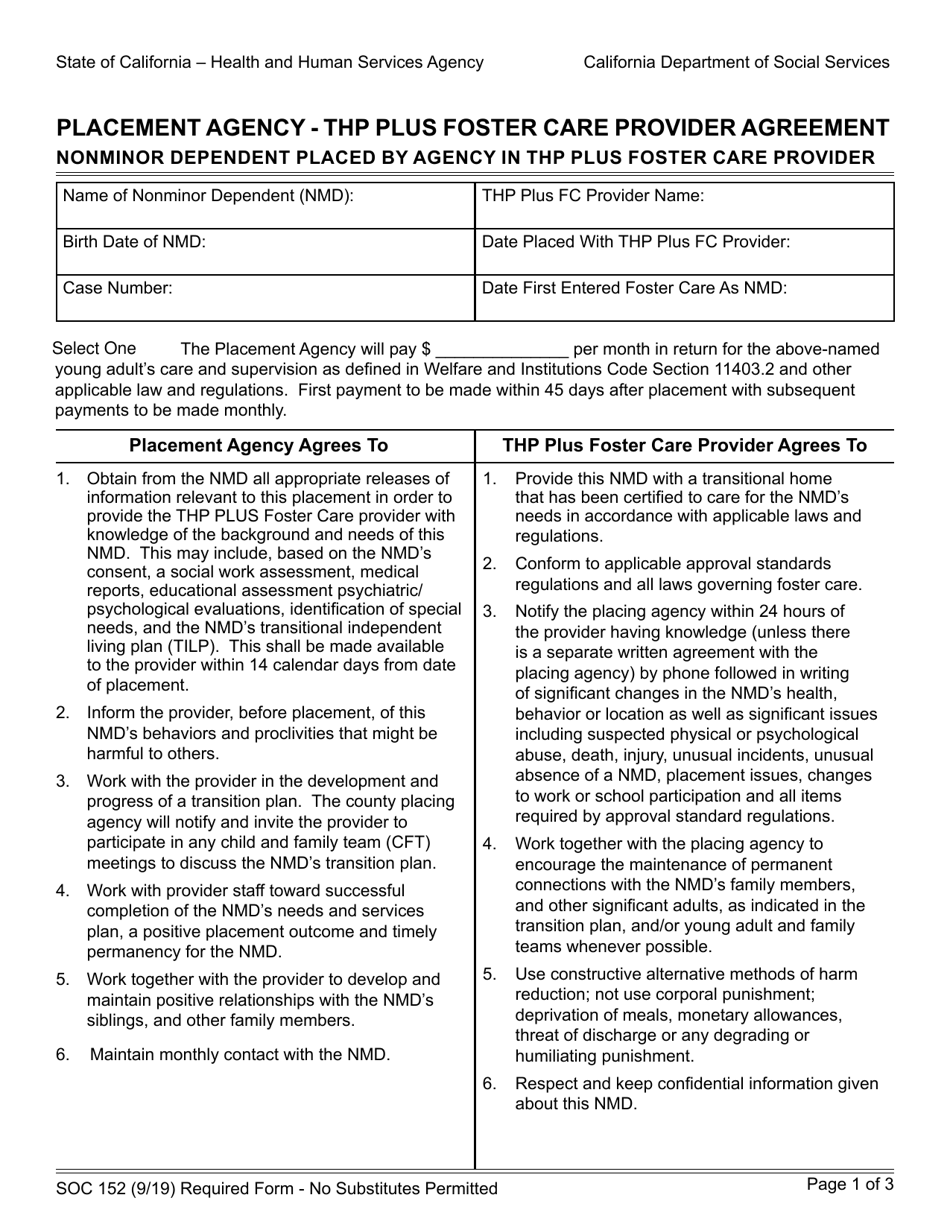 Form SOC152 Placement Agency - Thp Plus Foster Care Provider Agreement - Nonminor Dependent Placed by Agency in Thp Plus Foster Care Provider - California, Page 1