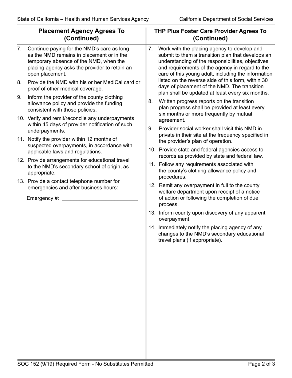 Form SOC152 Placement Agency - Thp Plus Foster Care Provider Agreement - Nonminor Dependent Placed by Agency in Thp Plus Foster Care Provider - California, Page 2