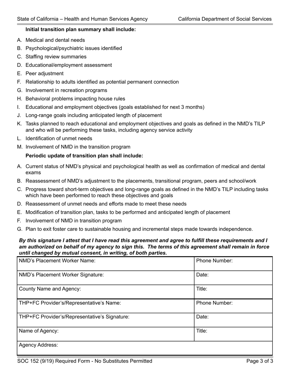 Form SOC152 Placement Agency - Thp Plus Foster Care Provider Agreement - Nonminor Dependent Placed by Agency in Thp Plus Foster Care Provider - California, Page 3