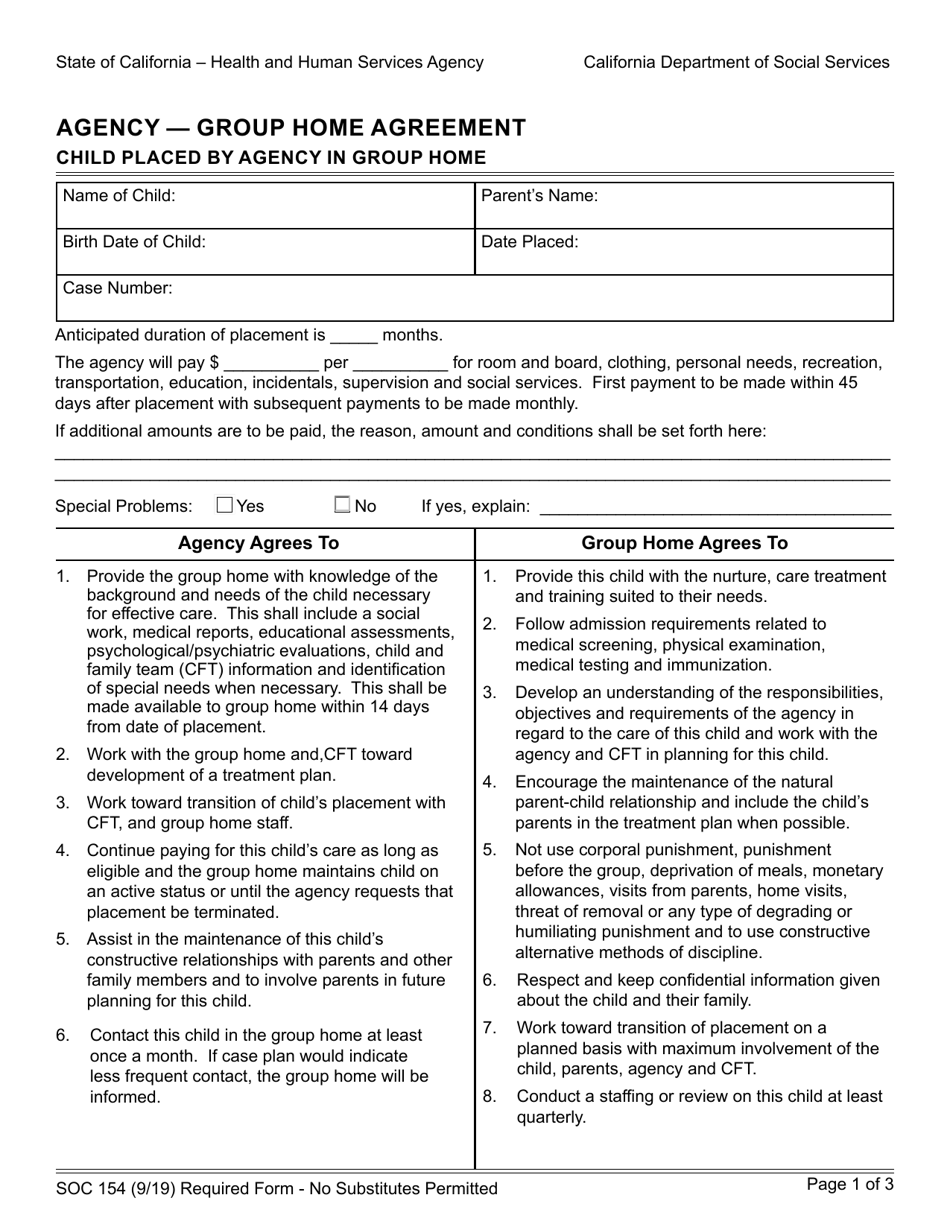 Form SOC154 Agency - Group Home Agreement - Child Placed by Agency in Group Home - California, Page 1