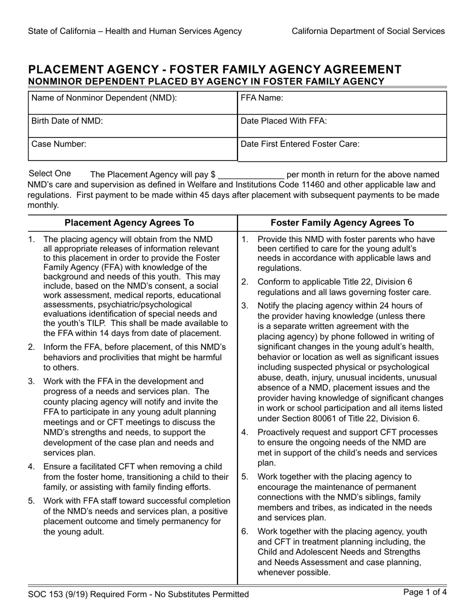 Form SOC153 Placement Agency - Foster Family Agency Agreement - Nonminor Dependent Placed by Agency in Foster Family Agency - California, Page 1