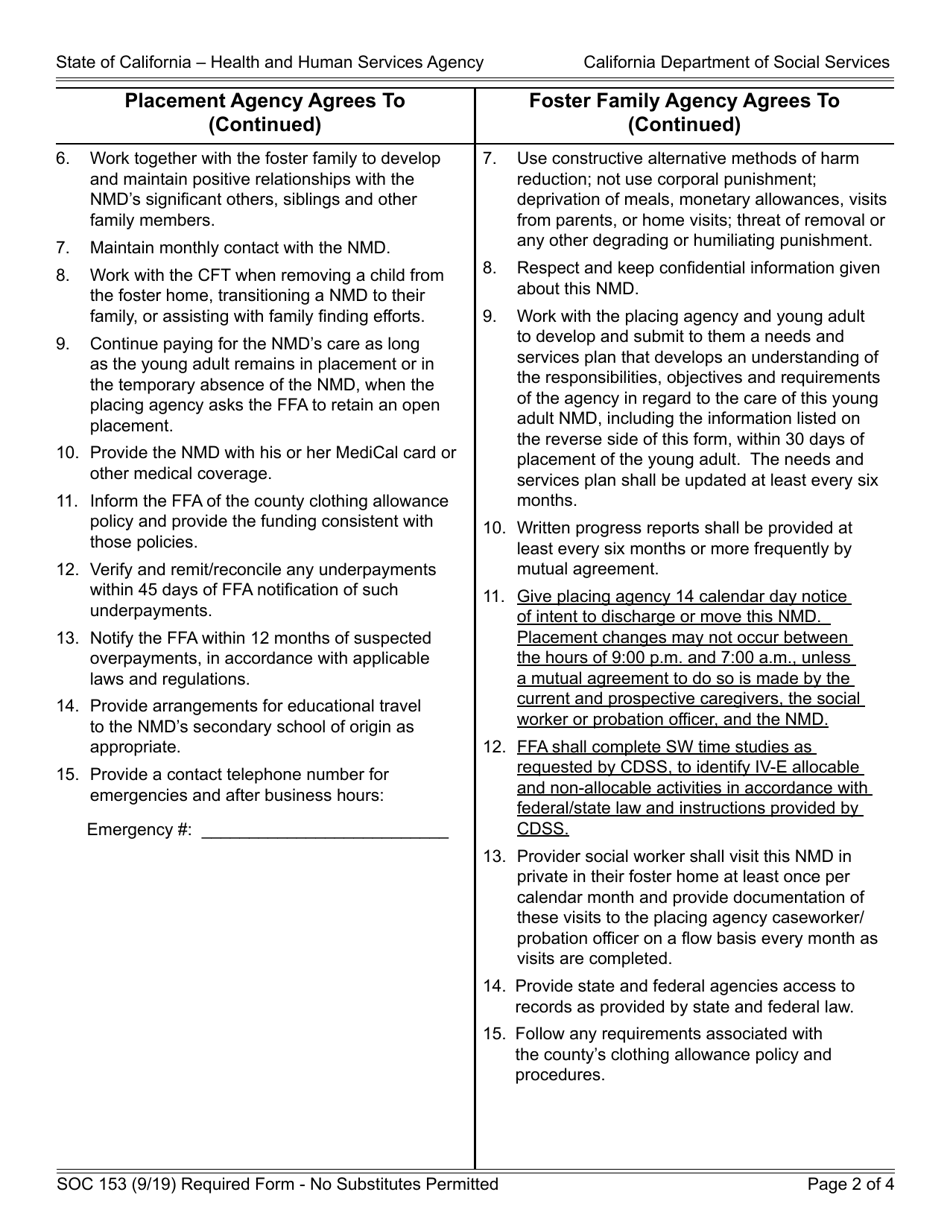 Form SOC153 Placement Agency - Foster Family Agency Agreement - Nonminor Dependent Placed by Agency in Foster Family Agency - California, Page 2