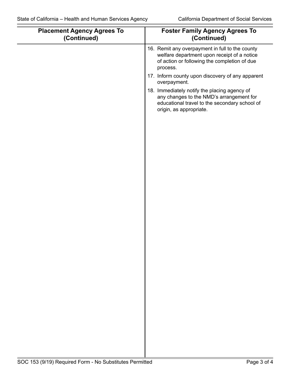 Form SOC153 Placement Agency - Foster Family Agency Agreement - Nonminor Dependent Placed by Agency in Foster Family Agency - California, Page 3