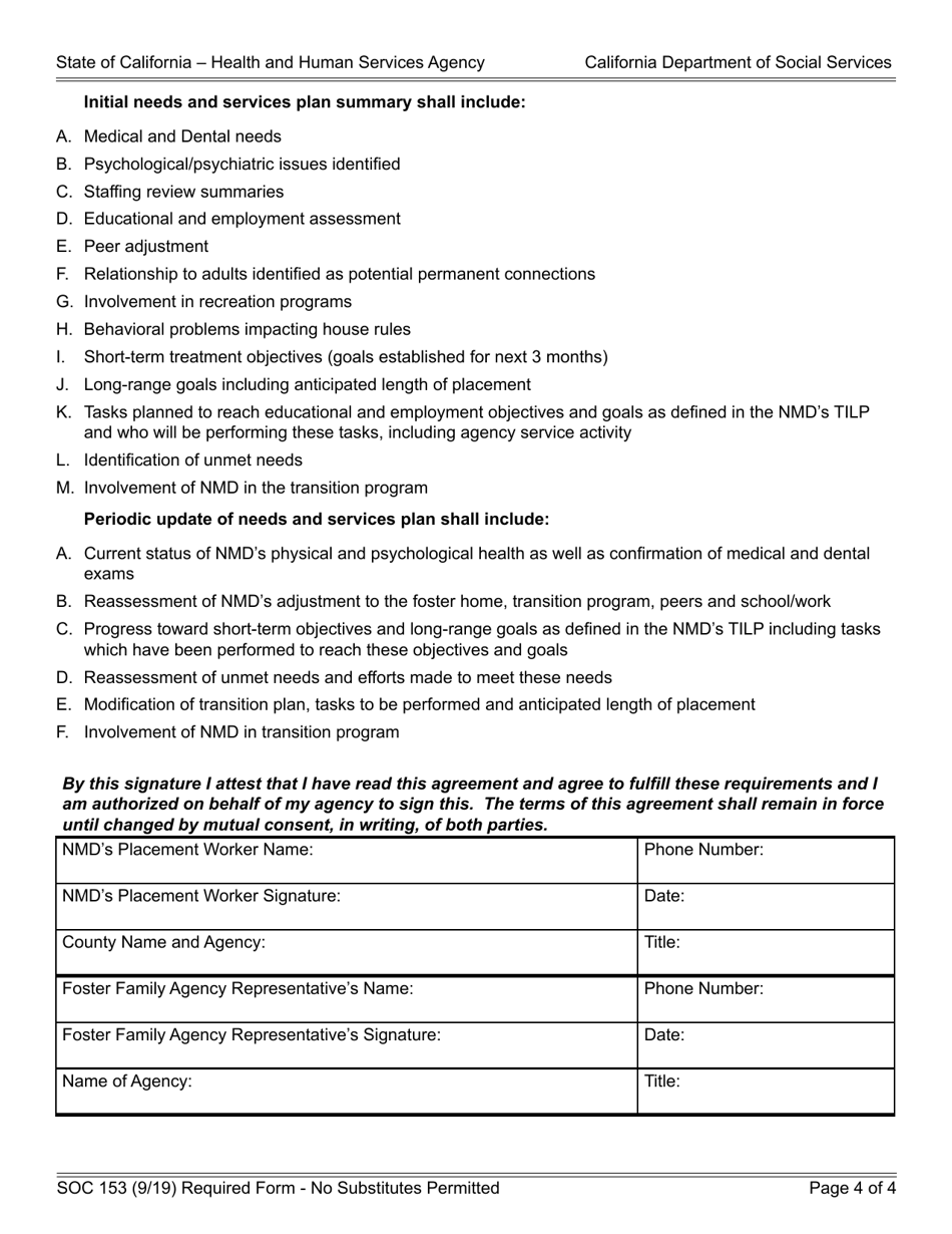 Form SOC153 Placement Agency - Foster Family Agency Agreement - Nonminor Dependent Placed by Agency in Foster Family Agency - California, Page 4