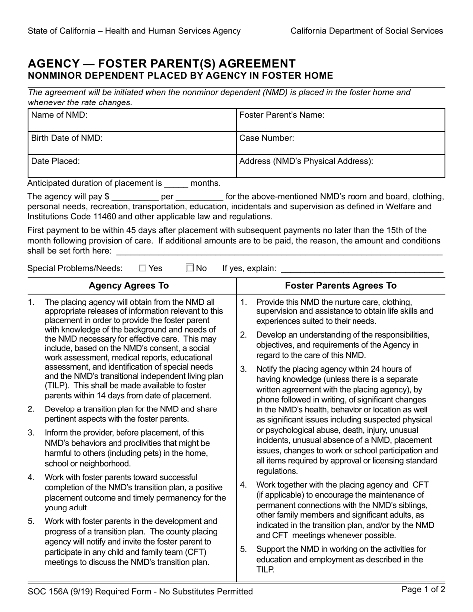 Form SOC156A Agency - Foster Parent(S) Agreement - Nonminor Dependent Placed by Agency in Foster Home - California, Page 1