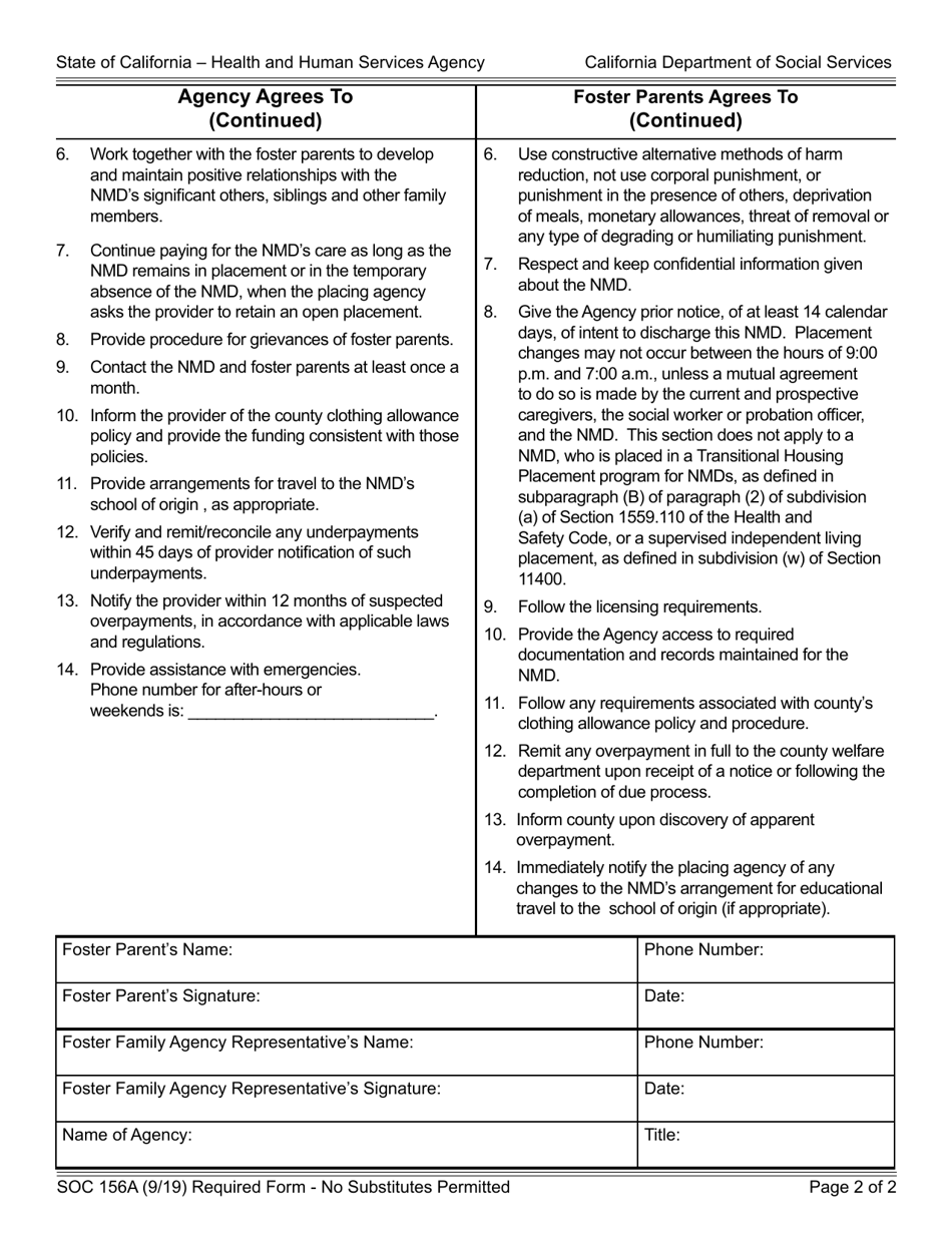 Form SOC156A Agency - Foster Parent(S) Agreement - Nonminor Dependent Placed by Agency in Foster Home - California, Page 2