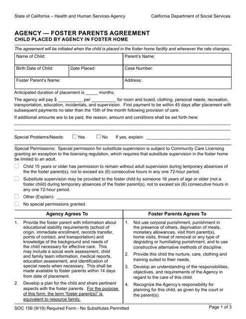 Form SOC156 Agency - Foster Parents Agreement - Child Placed by Agency in Foster Home - California
