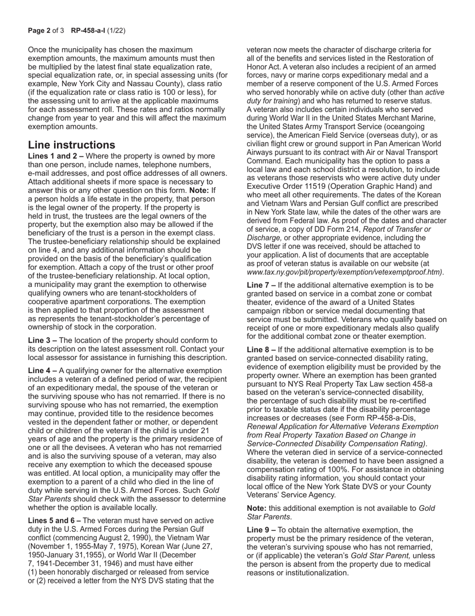Instructions for Form RP-458-A Application for Alternative Veterans Exemption From Real Property Taxation - New York, Page 2