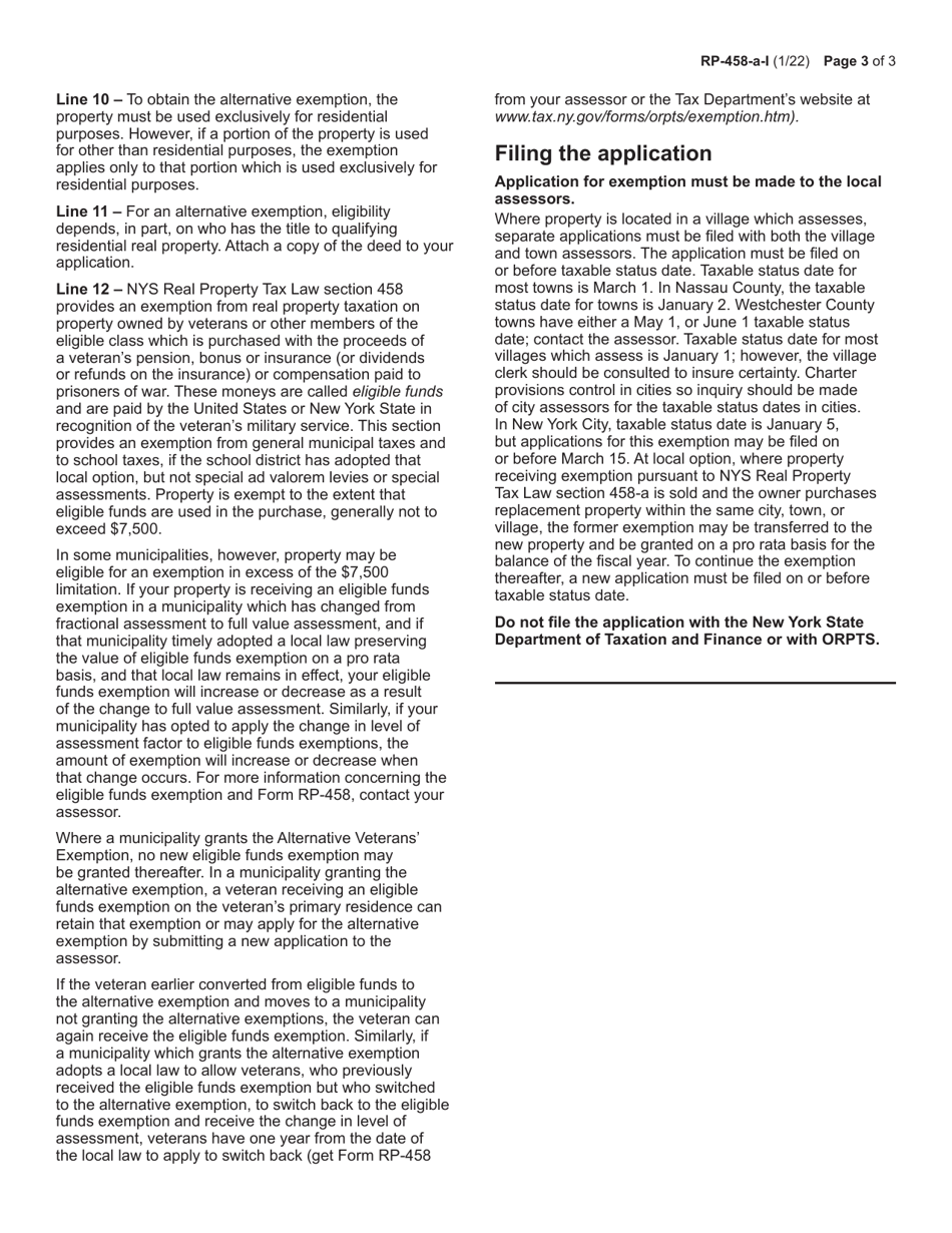 Instructions for Form RP-458-A Application for Alternative Veterans Exemption From Real Property Taxation - New York, Page 3