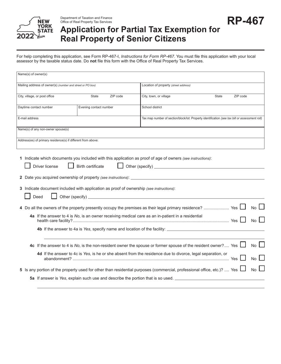 Form RP-467 Application for Partial Tax Exemption for Real Property of Senior Citizens - New York, Page 1
