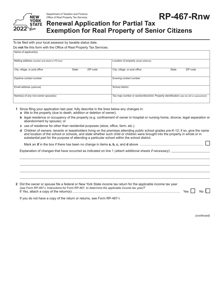 Form RP-467-RNW Renewal Application for Partial Tax Exemption for Real Property of Senior Citizens - New York, Page 1