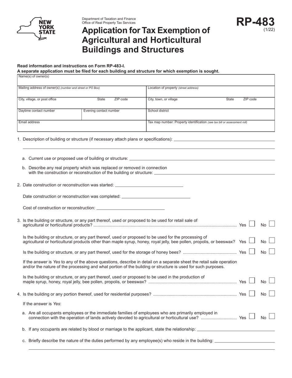 Form RP-483 Application for Tax Exemption of Agricultural and Horticultural Buildings and Structures - New York, Page 1