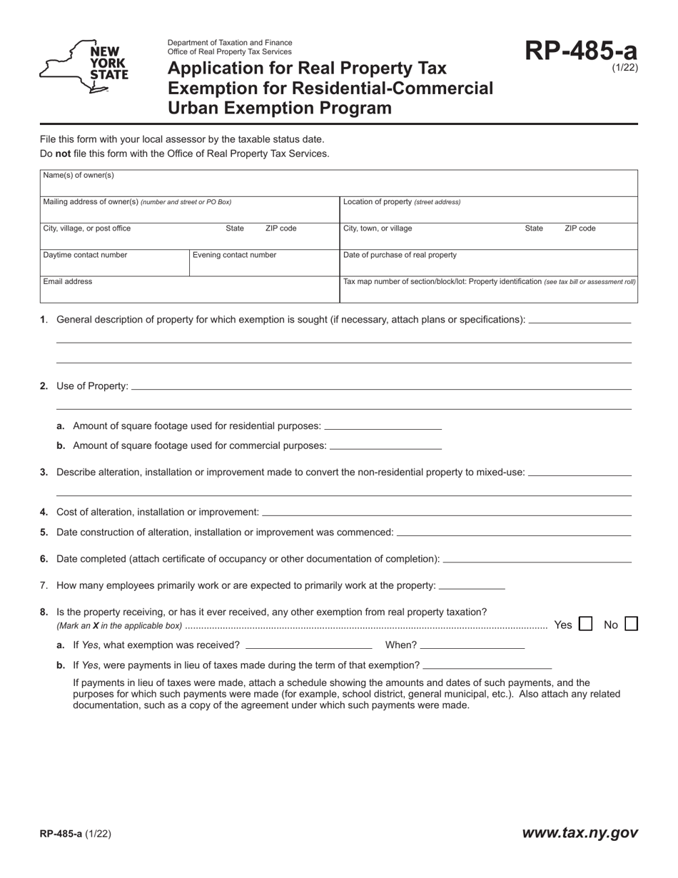Form RP-485-A Application for Real Property Tax Exemption for Residential-Commercial Urban Exemption Program - New York, Page 1