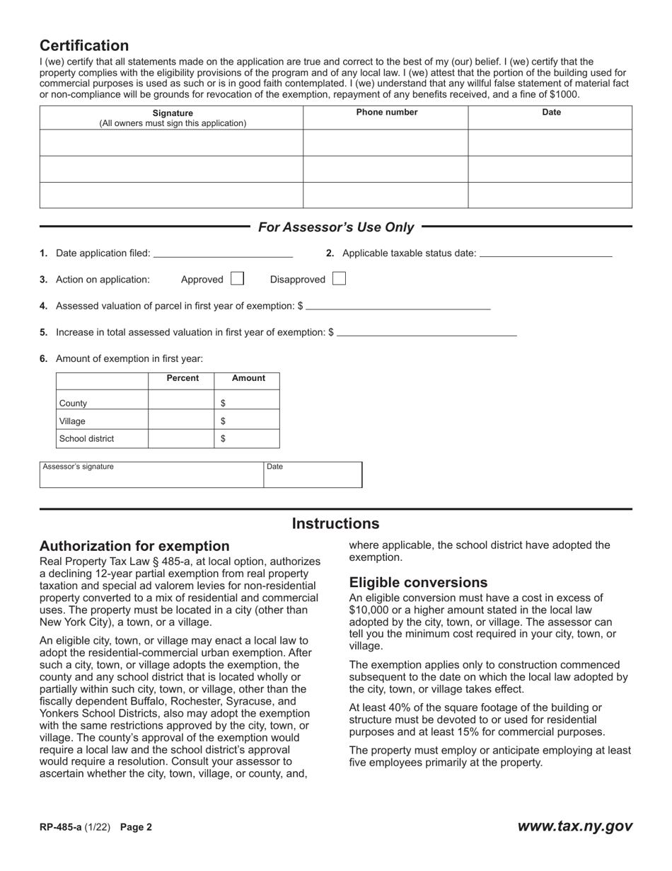 Form RP-485-A Application for Real Property Tax Exemption for Residential-Commercial Urban Exemption Program - New York, Page 2