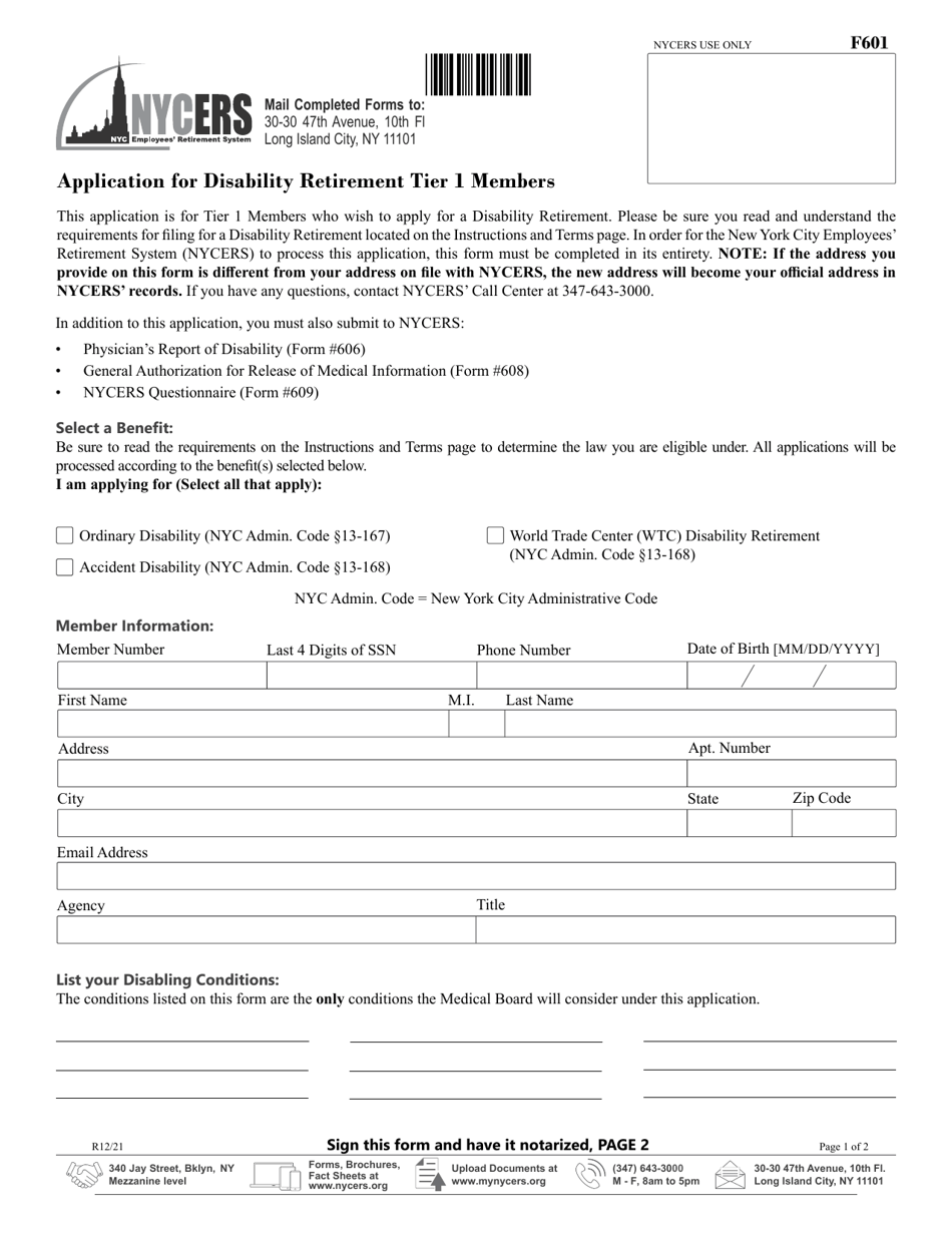 Form F601 Application for Disability Retirement - Tier 1 Members - New York City, Page 1