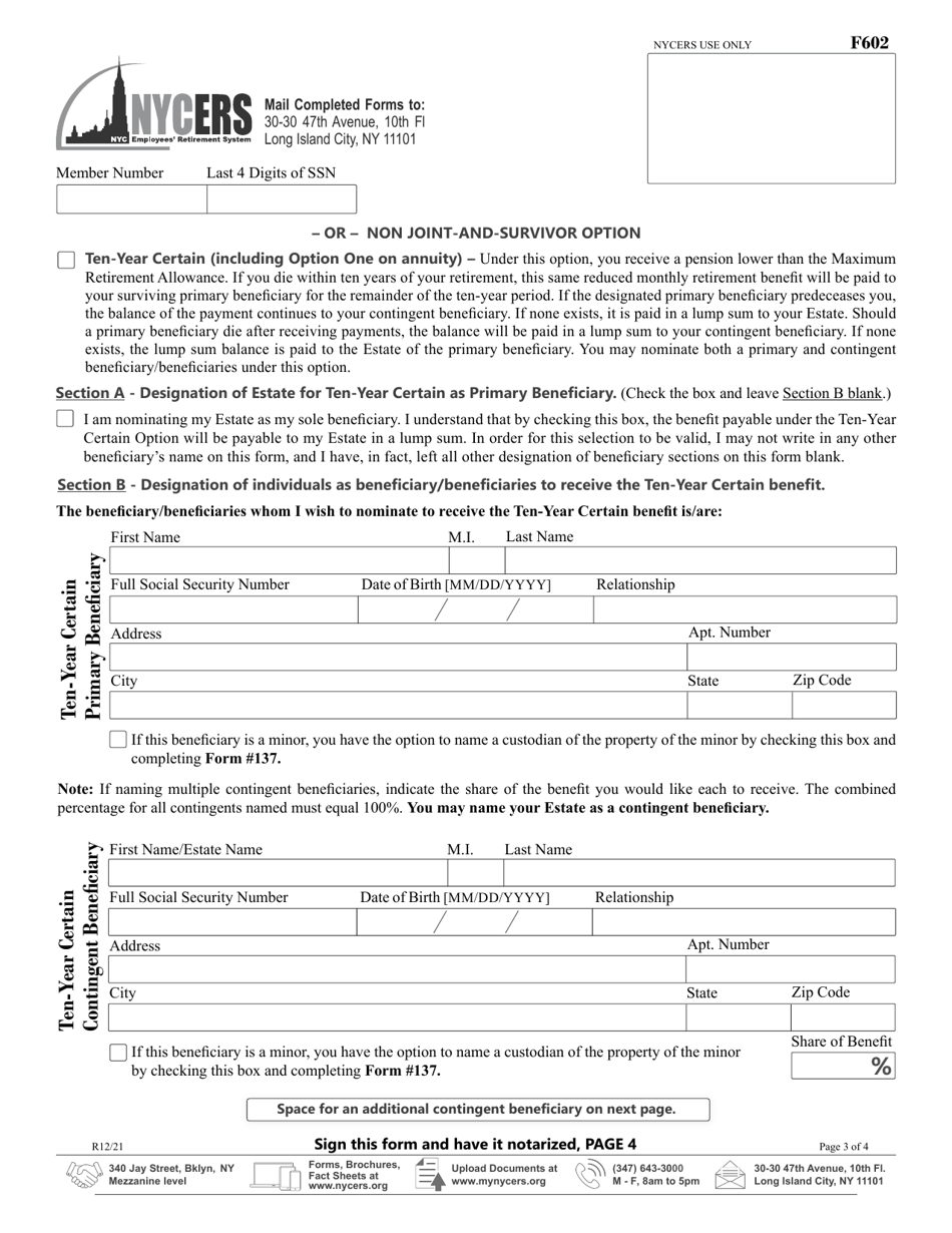 Form F602 Application for Disability Retirement - Tier 2 Members - New York City, Page 3