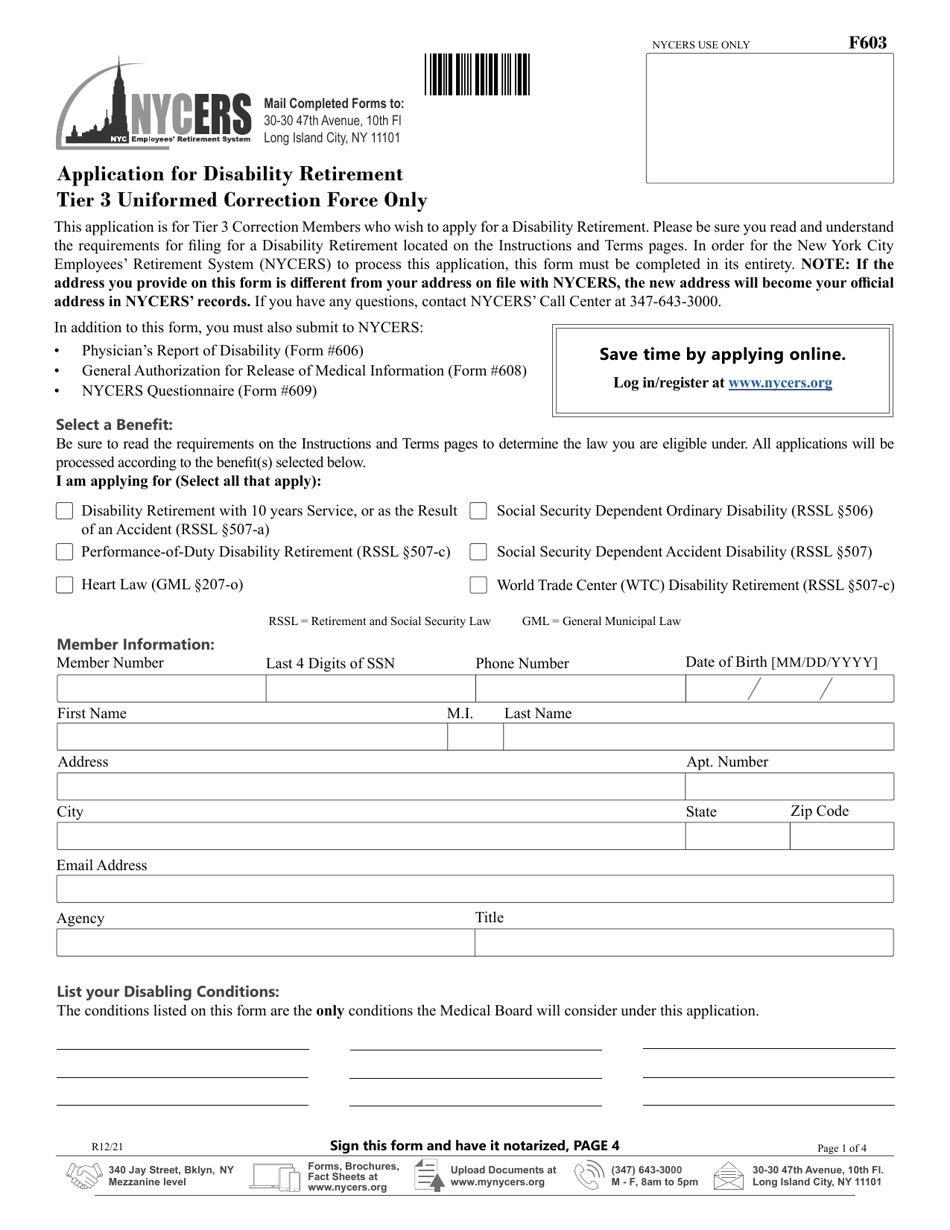 Form F603 Application for Disability Retirement - Tier 3 Uniformed Correction Force Only - New York City, Page 1